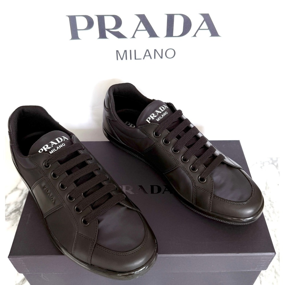 PRADA 2EG355 Blue Black Leather Re-Nylon Sneakers Shoes - NEW - US 10.5 UK 9.5 - Picture 5 of 15